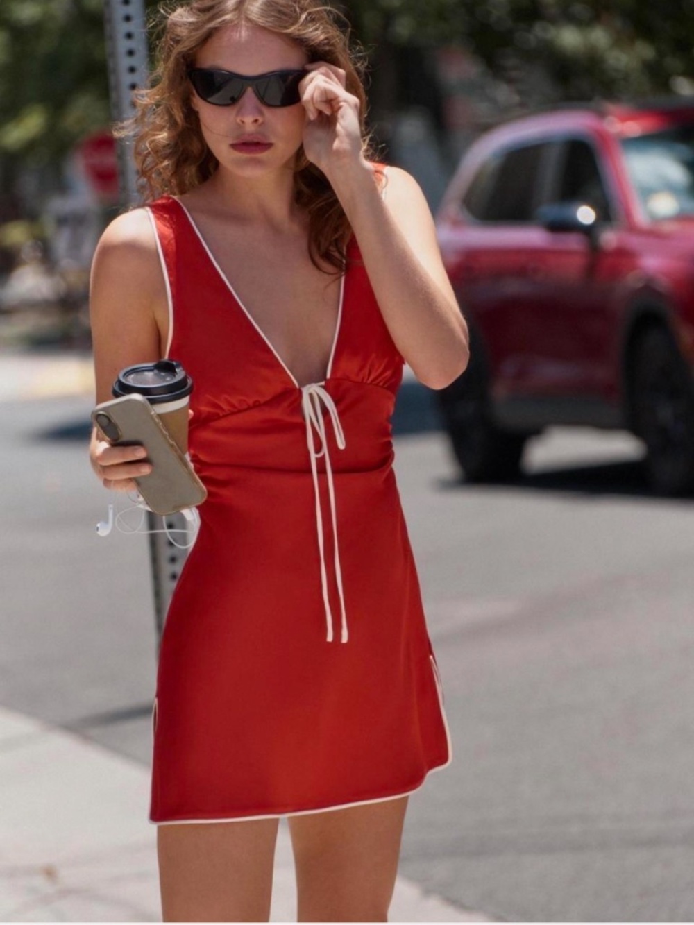 Red NWT Mini Zara Red Slip Dress with White Trim and Side Slits